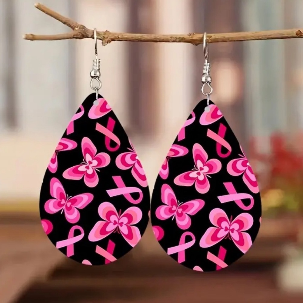 Breast Cancer Awareness Design Water Drop Pink Wooden Dangle Earrings